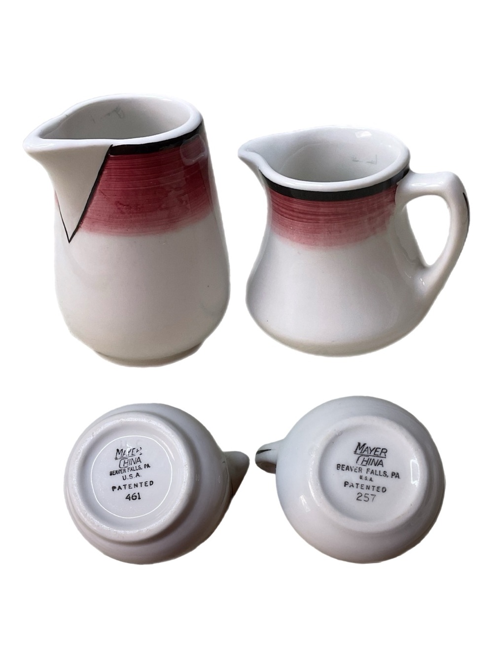 VTG Mayer China Creamer & Syrup Pitcher Set Maroon Black 50s/60s Restaurant Ware